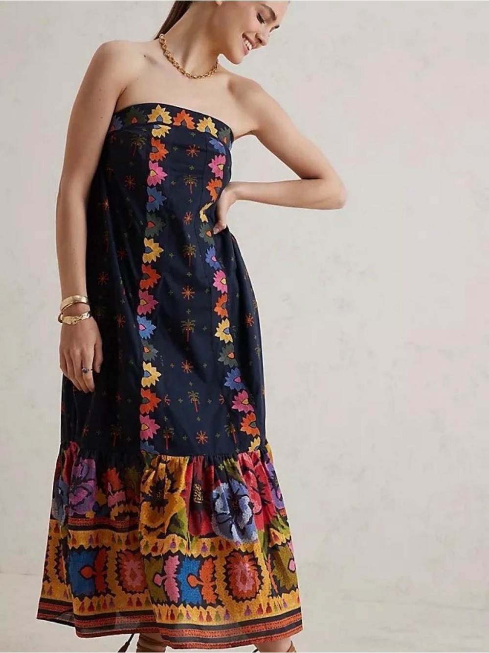 FARM Rio Navy Strapless Maxi Dress with Multicolor Floral Border